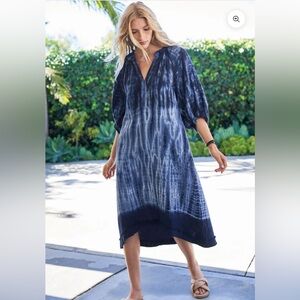 Ocean+Main NAVY TIDE PRINT GAUZE DRESS WITH POCKETS